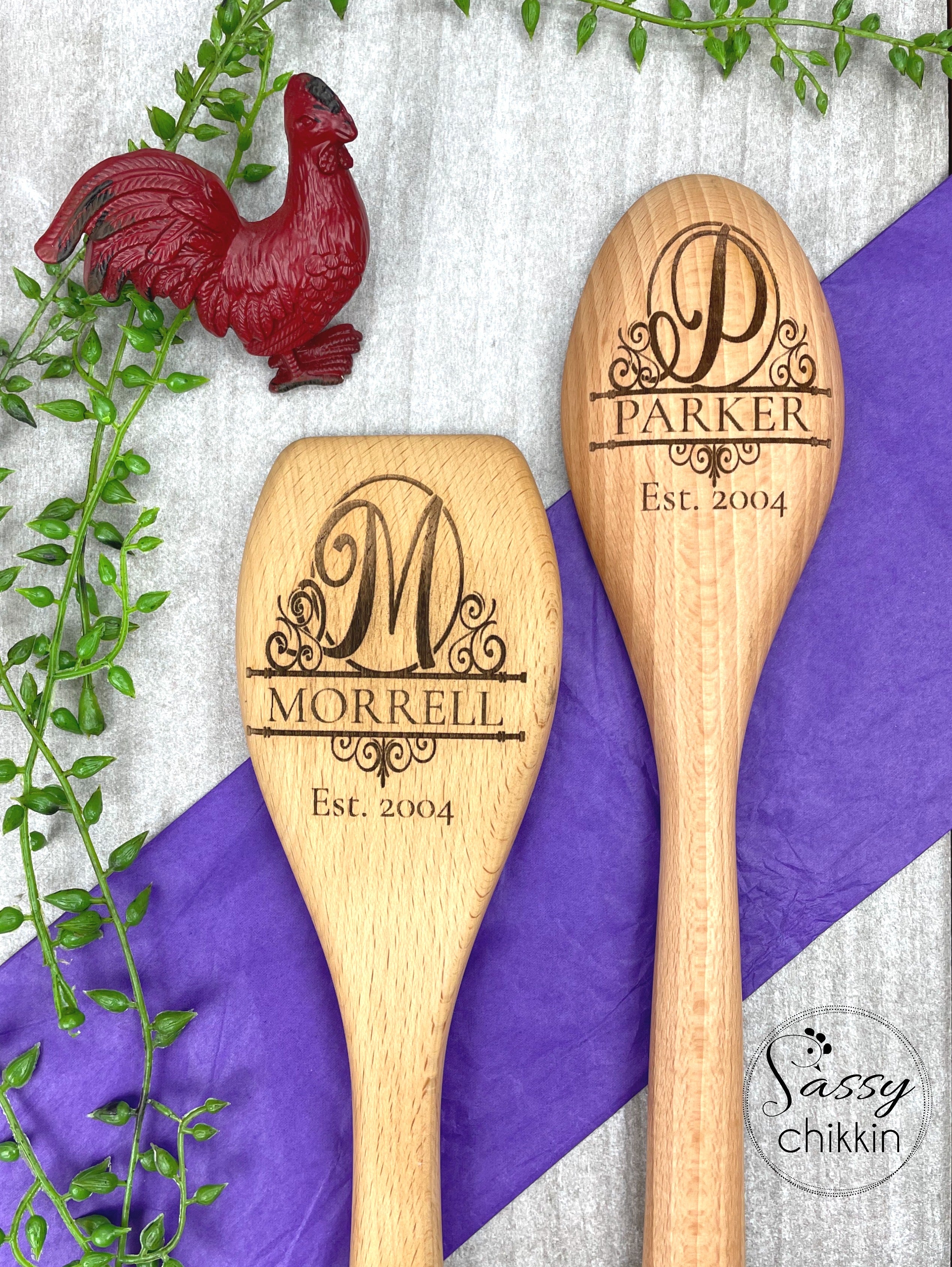 Personalized Initial Monogram Wooden Spoon, Established Anniversary year, Couple image 0