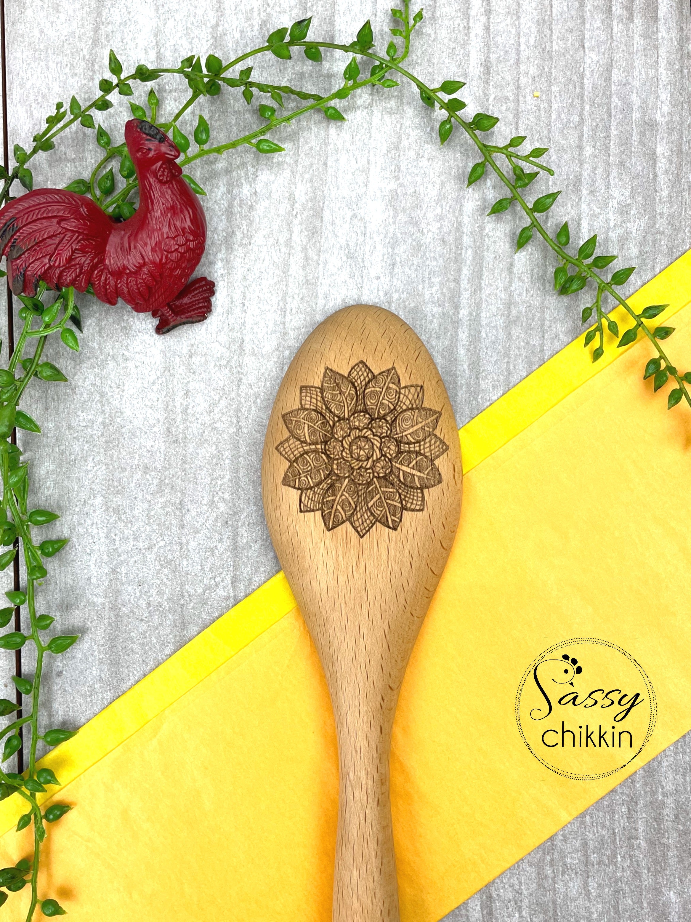 Sunflower Mandala Wooden Spoon, Pretty Floral Kitchen Decor, Choice of style  image 1