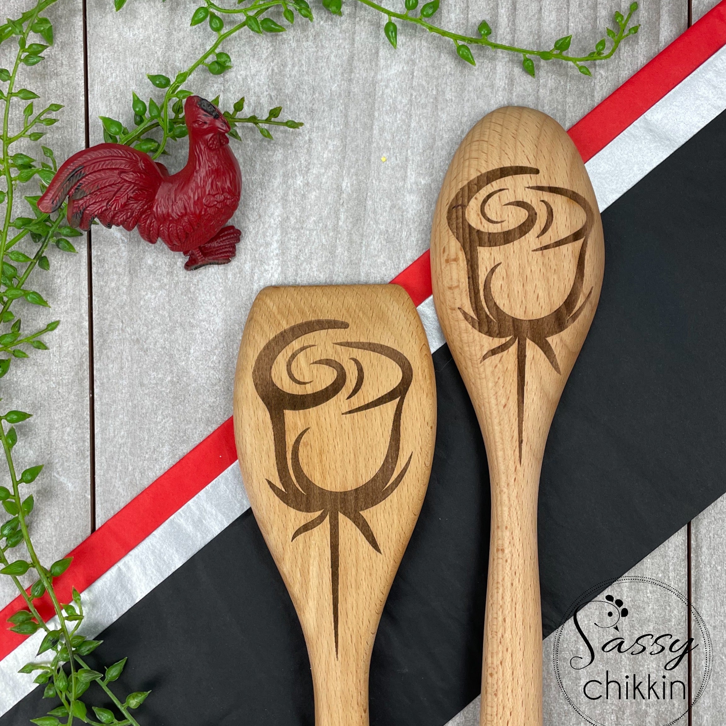 Long Stem Rose Cooking Utensil, Laser Engraved Floral Wooden Spoon, Kitchen Gift image 0