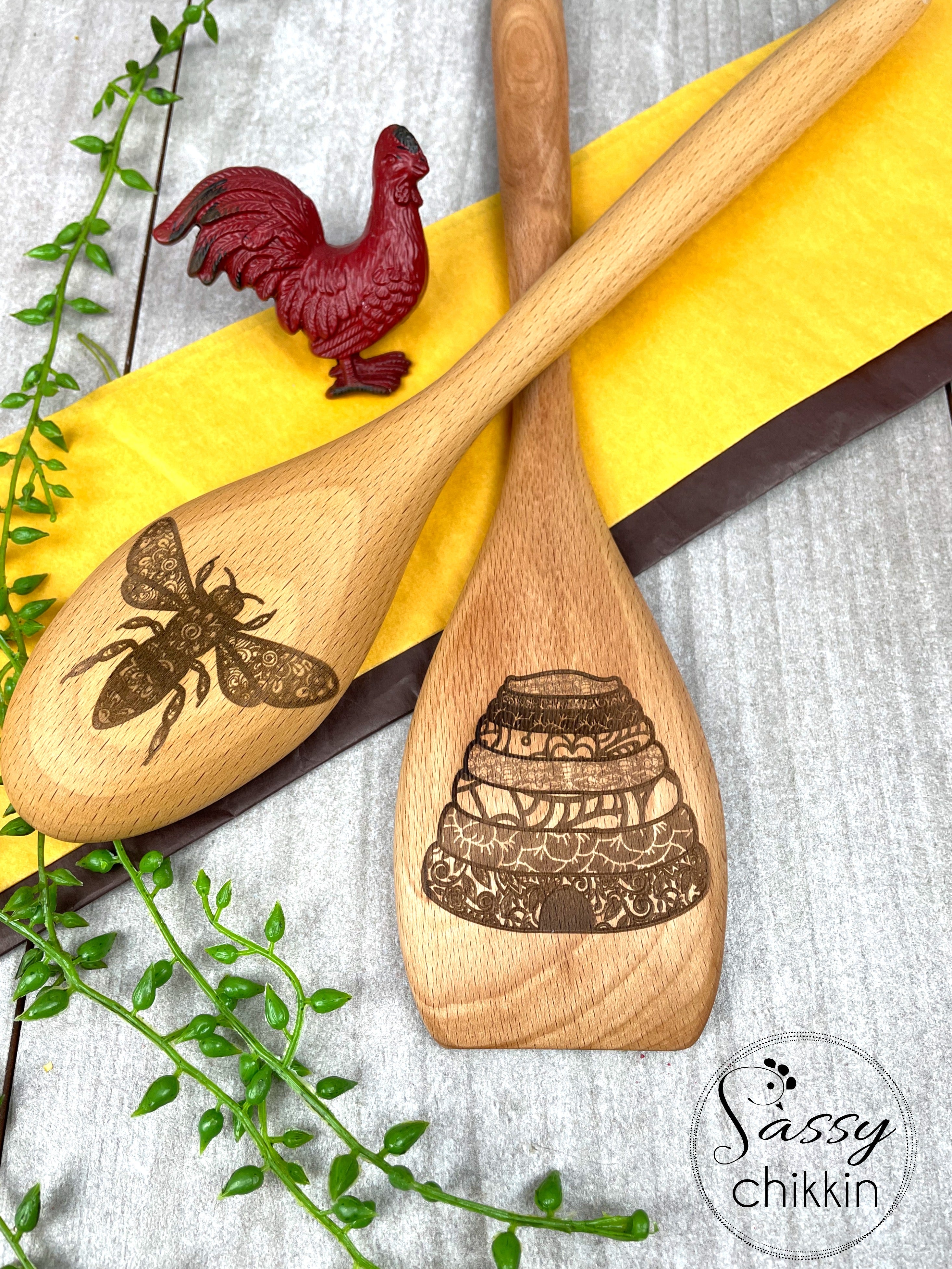 Honey Bee and Beehive Wooden Spoon Set, Mandala Design, Gardener Beekeeper Gift image 1