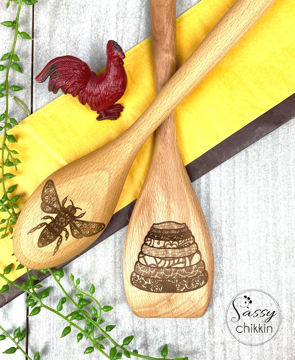 Honey Bee and Beehive Wooden Spoon Set, Mandala Design, Gardener Beekeeper Gift image 0