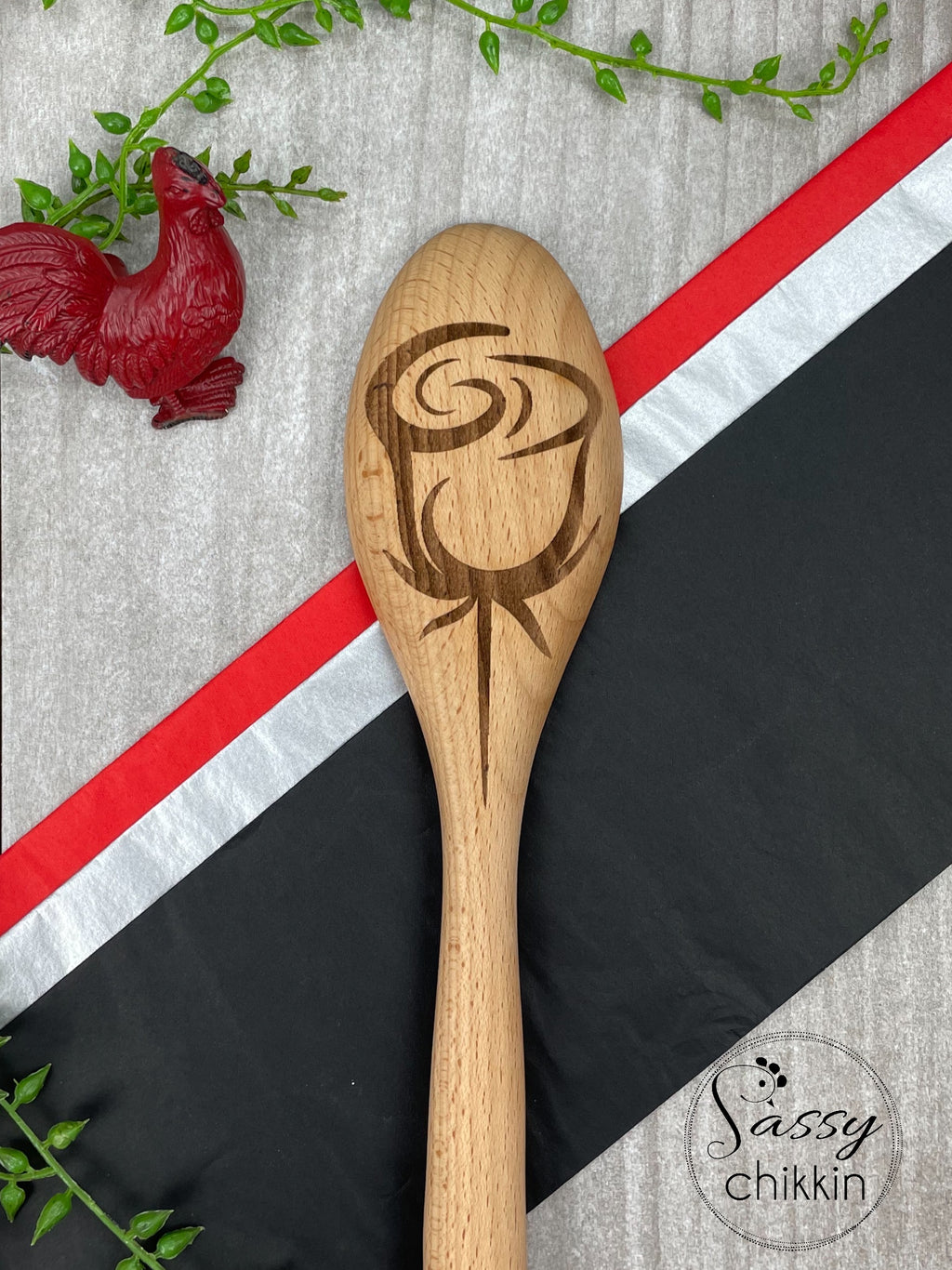 Long Stem Rose Cooking Utensil, Laser Engraved Floral Wooden Spoon, Kitchen Gift image 1