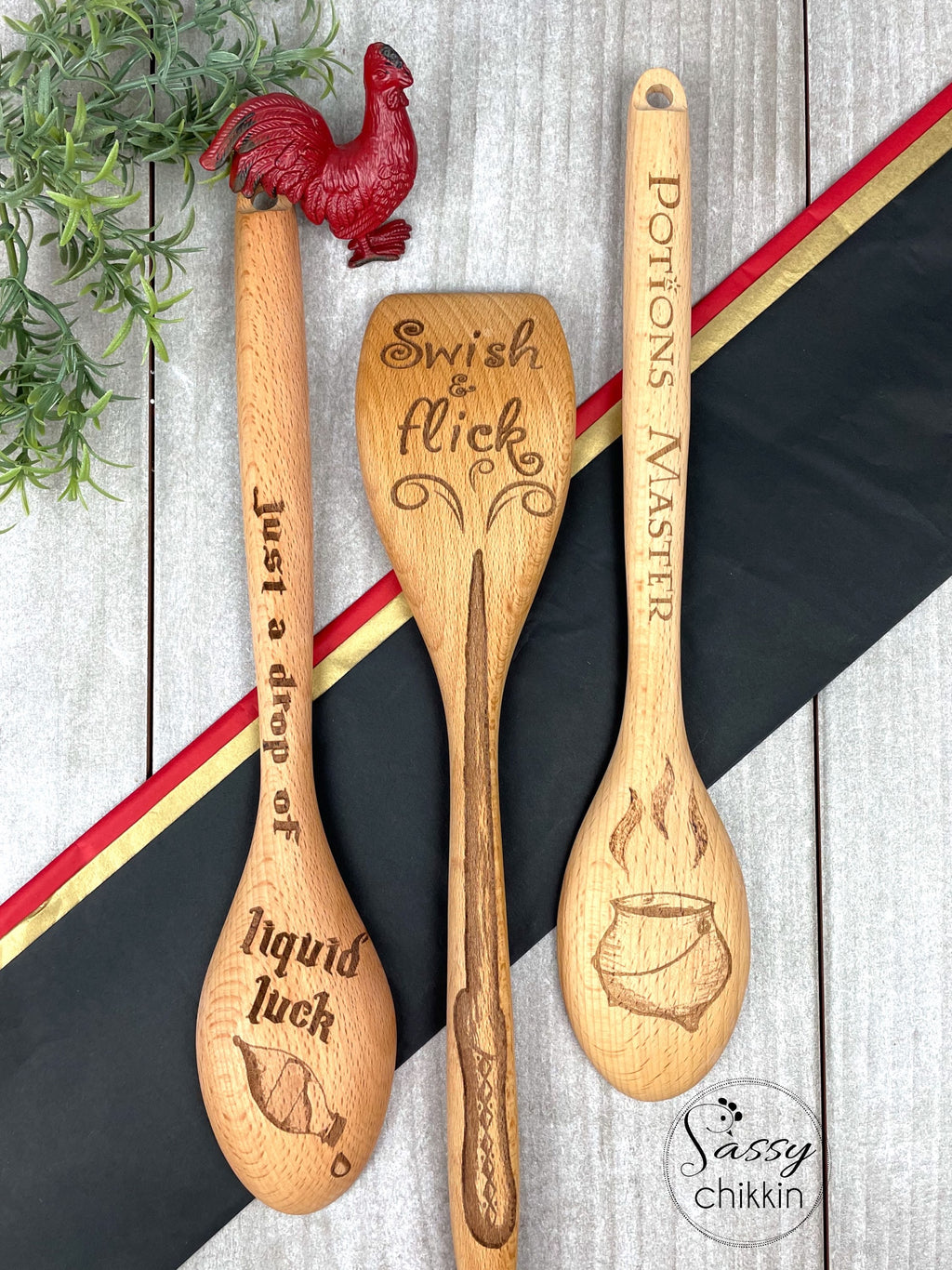 Wizard World Set of 3 Wooden Cooking Spoons, Magic Wand, Potions, Mischief, Luck image 0